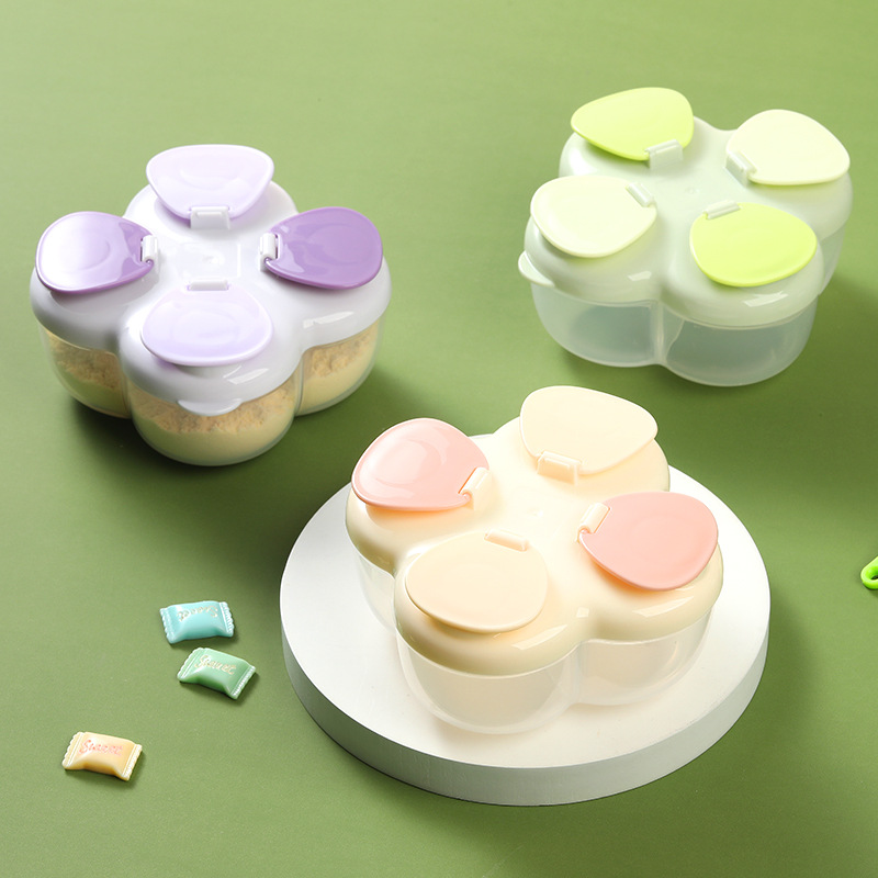 Baby Food Tracker - กระป๋องใส่สูตรนมแบบพกพา Clover 4 ช่อง, ฝาปิดแบบสัมผัสเดียว ปิดสนิท